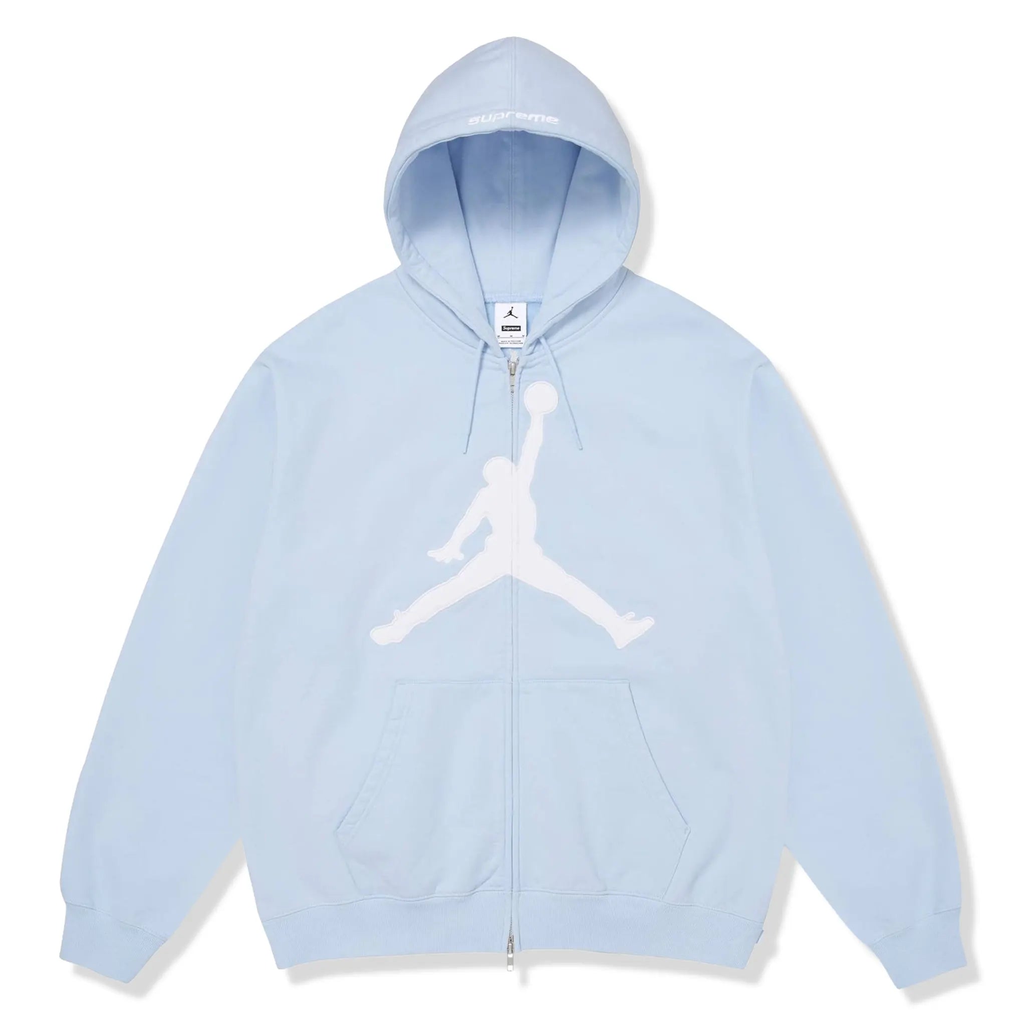 Front View of Supreme x Jordan Light Blue Zip-Up Hoodie (SS26)